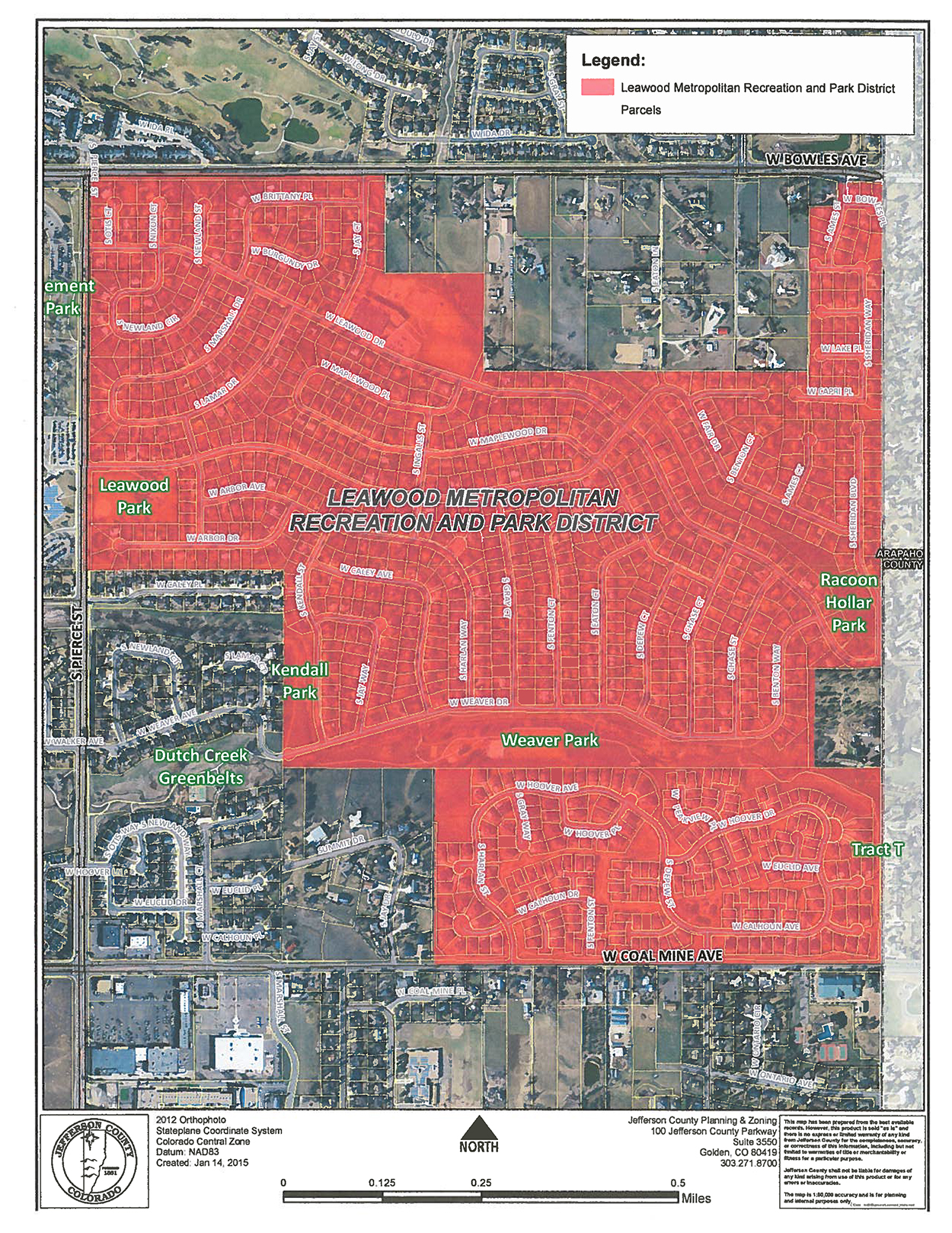This is a map of the Leawood Metropolitan Recreation and Park District in Colorado. The map highlights the district's boundaries in red, covering a residential area with multiple parks labeled in green. Parks within the district include Leawood Park, Kendall Park, Weaver Park, Racoon Hollar Park, Dutch Creek Greenbelts, and Tract T. The map also includes major roads such as W Bowles Ave and W Coal Mine Ave, as well as surrounding undeveloped areas and commercial zones. A legend in the top-right corner explains the red shading as representing parcels within the recreation and park district. The bottom of the map contains a north orientation marker and a note indicating that the map was created by Jefferson County Planning & Zoning in 2015 using 2012 aerial photography.